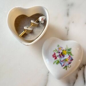 Vintage Porcelain Rose Stick Pin Bone China Heart Trinket Dish Floral Design